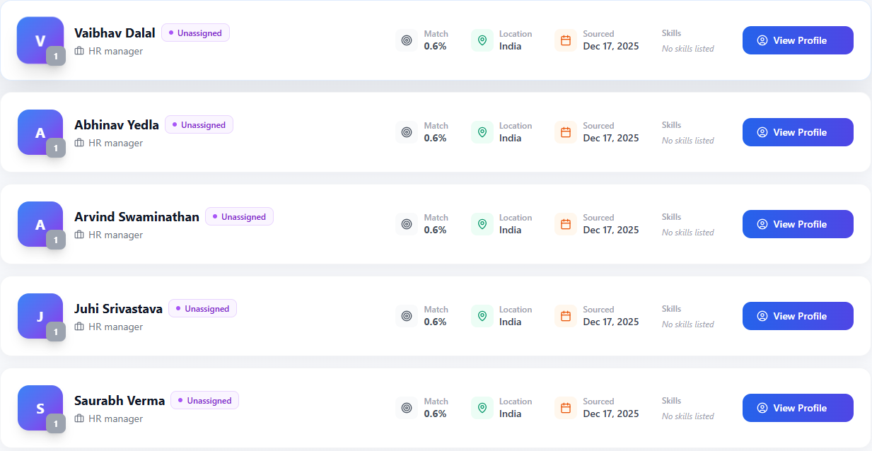 Candidate search results ranked by AI match score with skills and location